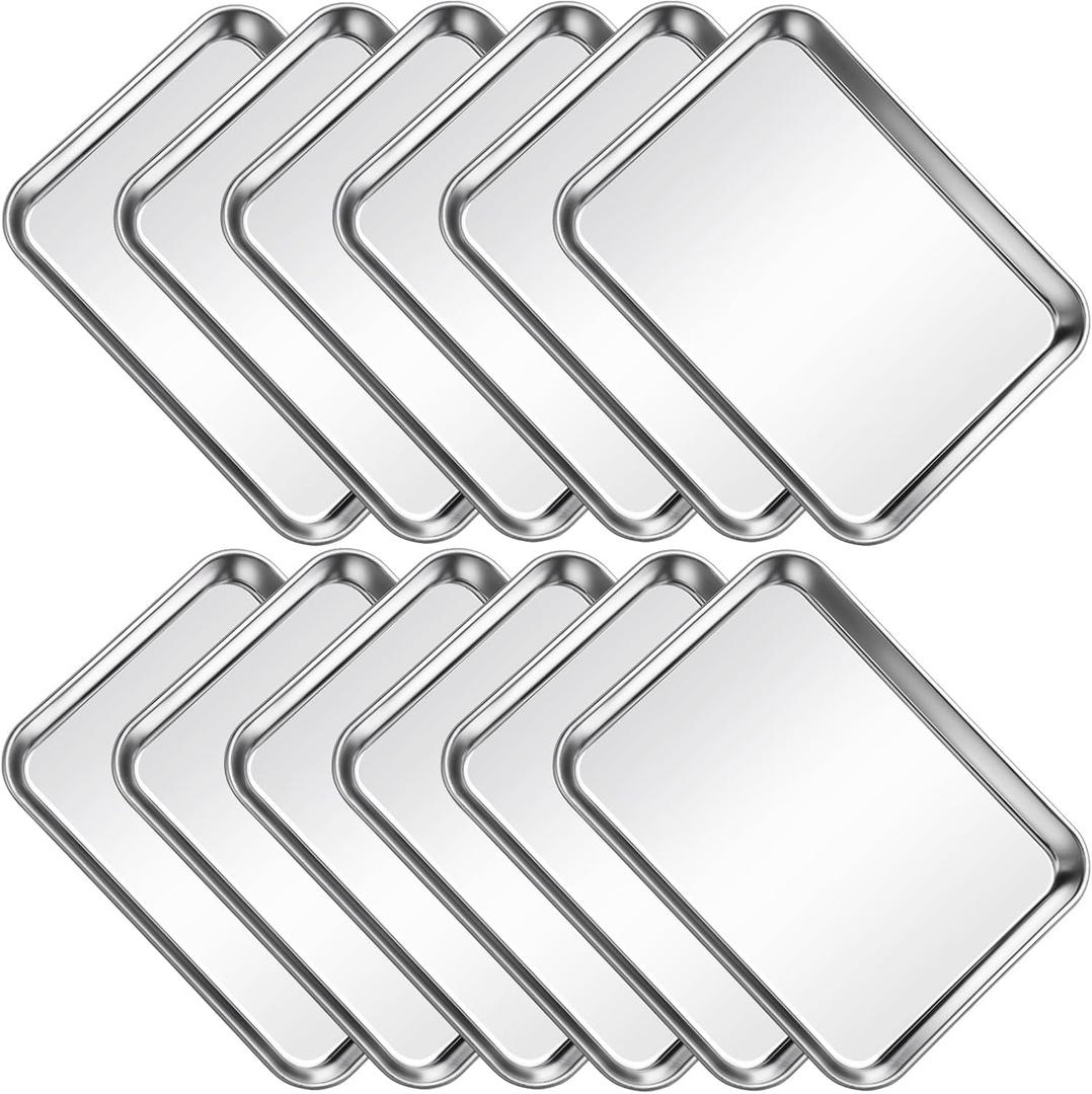 12Pcs Stainless Steel Baking Sheet Pan Set, Cookie Sheet Metal Baking Pan Oven Tray, Cooking Baking Sheet for Toaster Oven, Easy Clean, Dishwasher Safe, 9 x 7 x 1 Inch