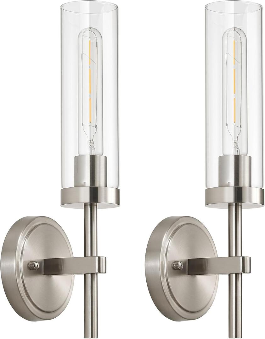 Brushed Nickel Hardwired Wall Sconces Set of 2, Modern Bathroom Sconces Vanity Light Fixture, Farmhouse Wall Mount Lamps for Mirror Living Room Bedroom Hallway (Hardwired 1-Light (2 Pack), Brushed Nickel & Clear Glass)