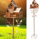Reallnaive 75" Large Copper Colored Multi-Birdhouse Stakes - Metal Bird Houses Stake with Pole for 4 Bird Families in Each for Christmas Winter Outdoor Patio Yard Garden Decoration