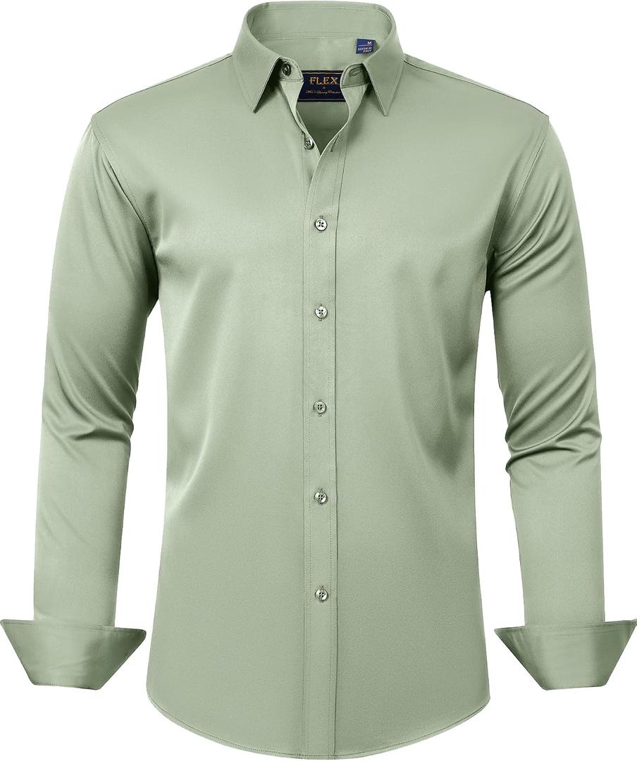 J.VER Men's Dress Shirts Solid Long Sleeve Stretch Wrinkle-Free Formal Shirt Business Casual Button Down Shirts Sage Green Large