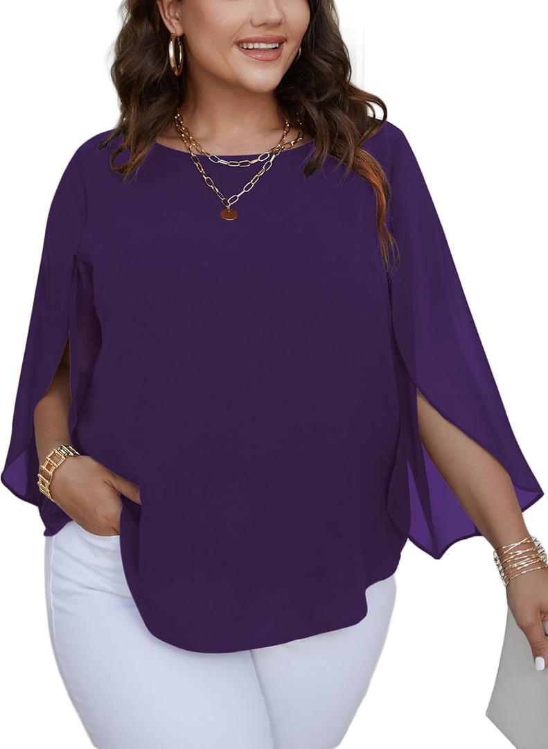 SCOMCHIC Plus Size Blouses for Women Summer Chiffon 3/4 Sleeve Tunic Tops Dressy Scoop Neck Casual Loose Flowy Shirts (XXL)