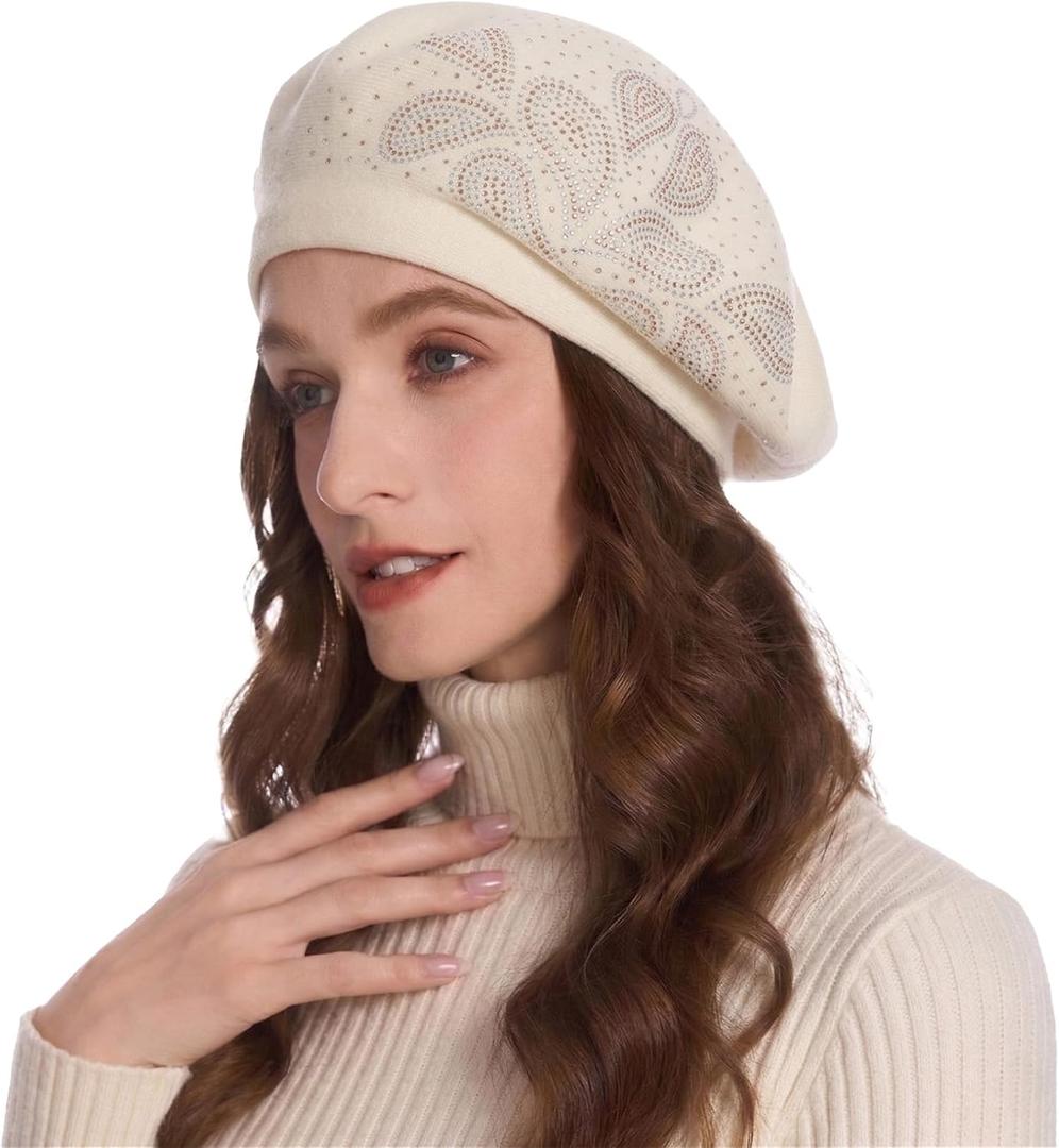 ZLYC Womens French Beret Hat Reversible Knitted Thickened Warm Cap for Ladies Girls (One Size, Paisley White)