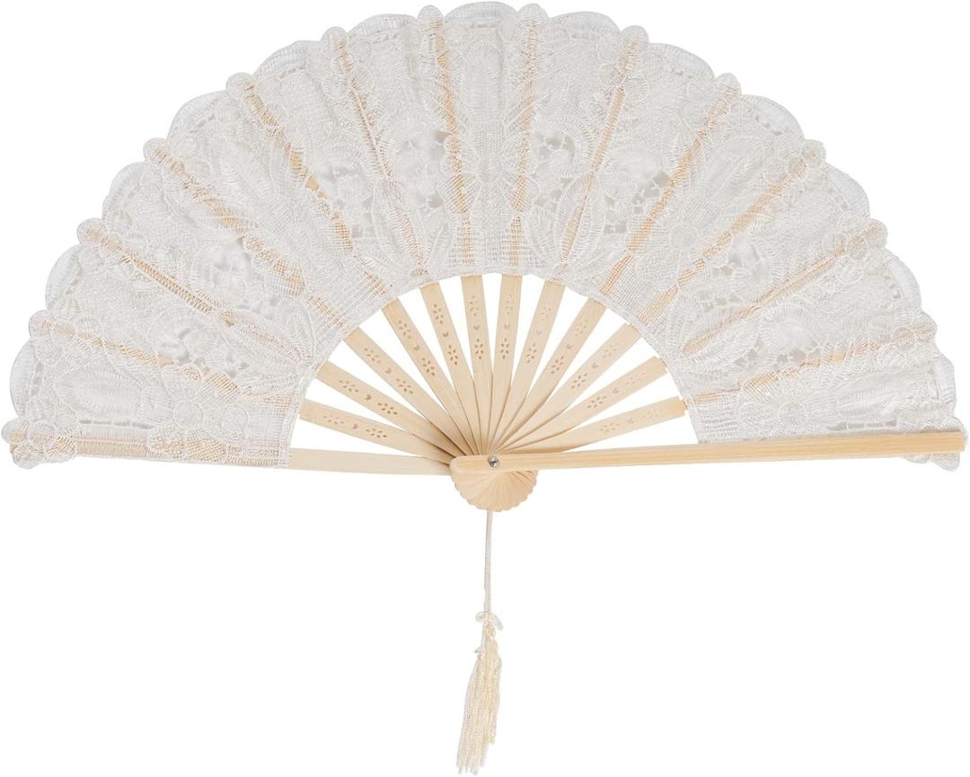 choyaxo Cotton Lace Folding Hand Fans Embroidered Flowers Pattern Handheld Fans for Costume Weddings Dancing Party DIY Bridal Hand Fan (Beige)