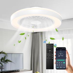 Ceiling Fan with Lights and Remote, 19 Inch Modern Bladeless Low Profile Flush Mount Fandelier, Smart Control with Dimmable LED, Fan Lights Ceiling Fixtures-White, for Bedroom and Living Room