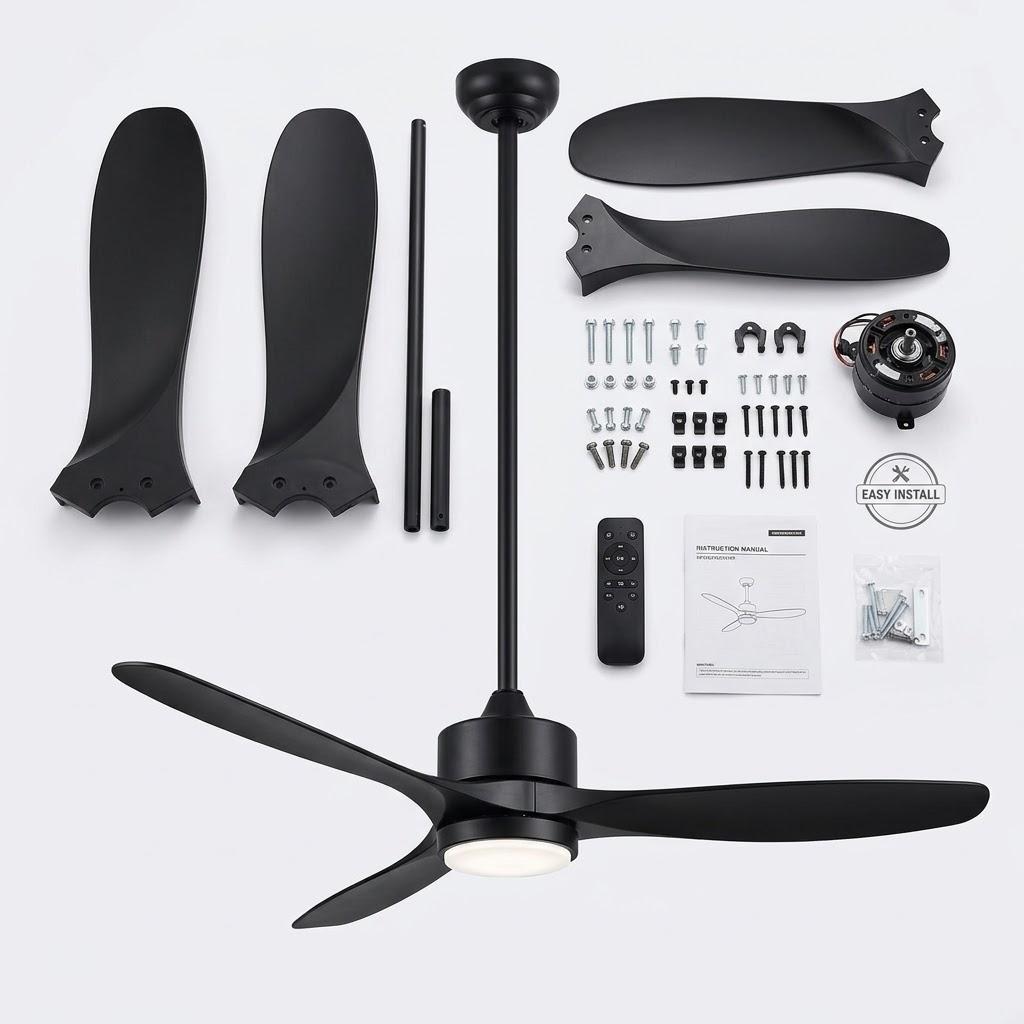reiga 52" Black Smart Ceiling Fan with Light, Quiet DC Indoor Fan Quiet DC reversible Motor, dimmable 3CCT LED light, 6/10in downrods, ETL listed for living room