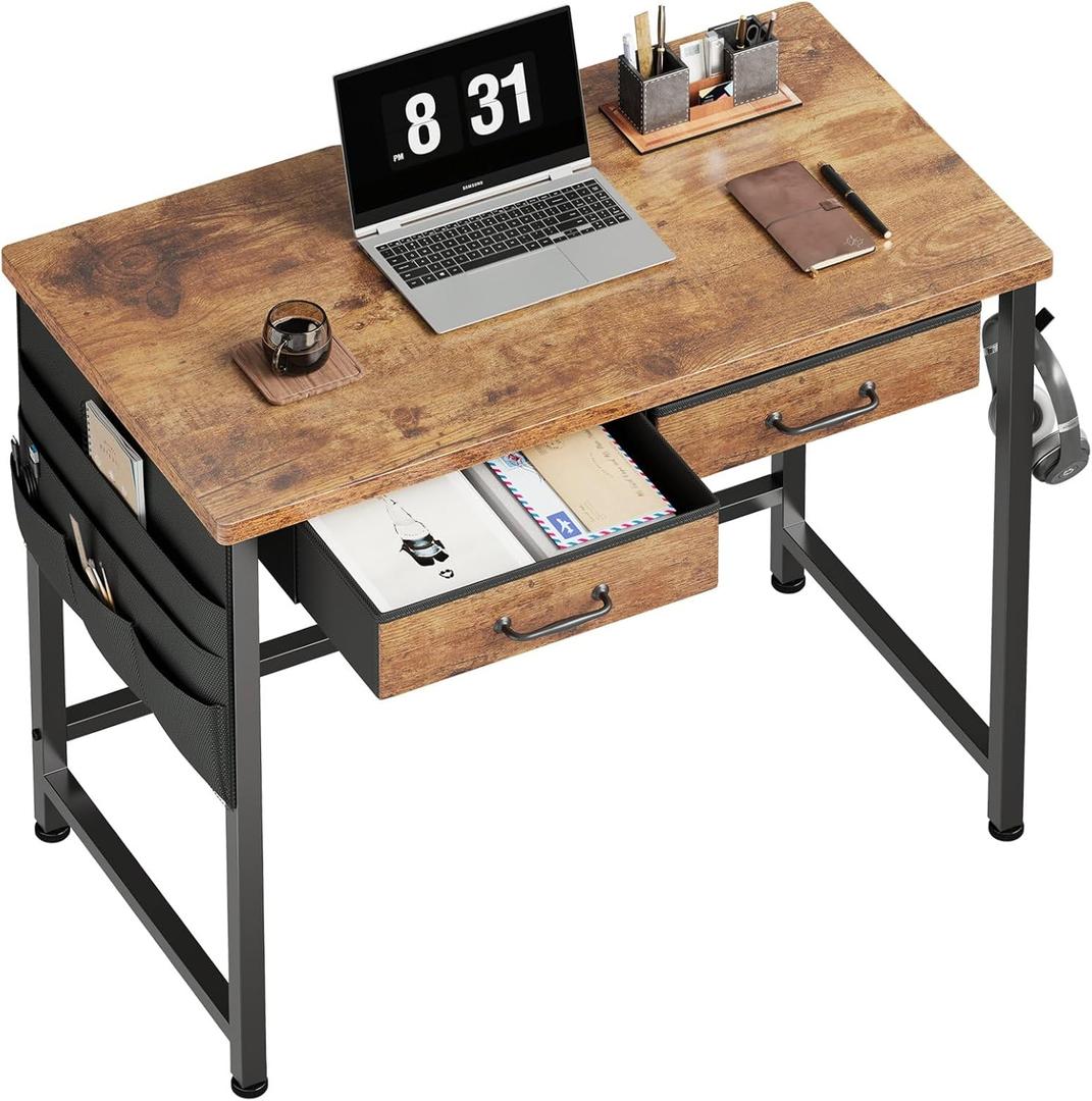 Small Desk with Drawers, 31.5 inch Small Computer Desk with Drawers, Writing Desk with Drawers for Small Spaces, Compact Desk for Small Spaces, Metal Frame for PC Laptop, Rustic Brown2