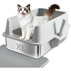 Stainless Steel Cat Litter Box, L to XL Cat Litter Box with Lid for Big Cat, Large Metal Litterbox with High SideNon-Stick, Odor-Resist, Anti-Urine Leakage, Easy-Clean, Includes Mat & Scoop