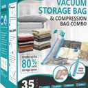 35 Pack Space Saver Bags (5 Jumbo/6 Large/6 Medium/6 Small/6 Roll-M/6 Roll-S) Compression Storage Bags for Comforters and Blankets, Vacuum Sealer Bags for Clothes Storage, Hand Pump Included