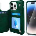 VANAVAGY Compatible with iPhone 14 Pro Max Wallet Case for Women and Men, Leather Flip Folio Phone Cover Fits Magnetic Car Mount with Credit Card Holder, Midnight Green
