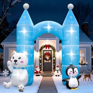 10FT Winter Penguin Polar Bear Inflatable Arch Outdoor Decoration Snowflake Castle Blow Up Yard Decoration Built in 7 Lights Giant Inflation for Archway Indoor Lawn Garden Holiday Winter Frozen Party