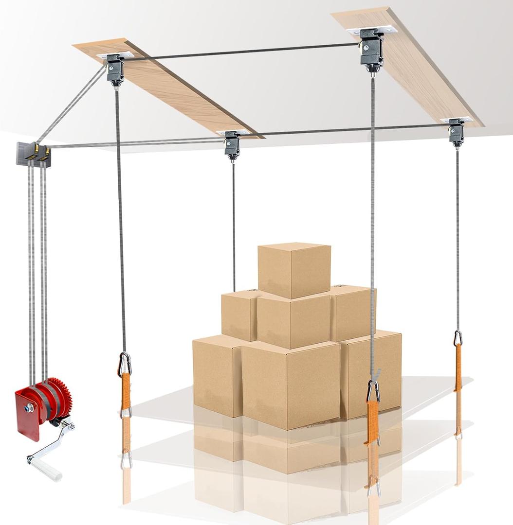 Overhead Garage Storage Lift, Safe Anti-Drop Overhead Garage Storage Pulley Lift System, Adjustable Organization System, 300lbs Load Capacity, Ceiling Storage Mounted Not Include Racks