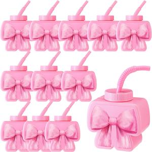 Jingmore 12 Pcs Pink Bow Cups with Straws and Lids Plastic Reusable 11 oz Pink Bow Cups for Birthday Theme Party Favor Supplies