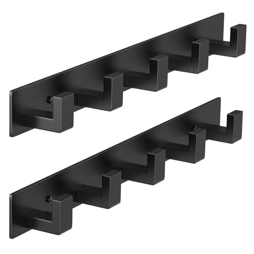 PMMASTO Coat Rack Wall Mount, Coat Hooks Wall Hooks for Hanging, Stainless Steel Coat Hanger Towel Hooks for Bathrooms, Hat Rack (Black 5 Hooks, 2 Pack)