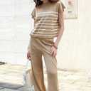 Tankaneo Women's 2 Piece Outfits Knit Pullover Striped Short Sleeve Sweater Tops and Pants Lounge Matching Sweatsuit Sets, Size S 