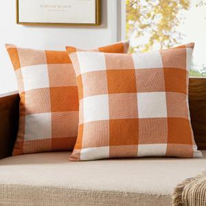MIULEE Fall Throw Pillow Covers Pack of 2 Decorative Classic Farmhouse Buffalo Check Plaid Linen Soft Soild Pillow Case Orange Cushion Case for Halloween Sofa Bedroom Outdoor 18 x 18 Inch (Orange and White)