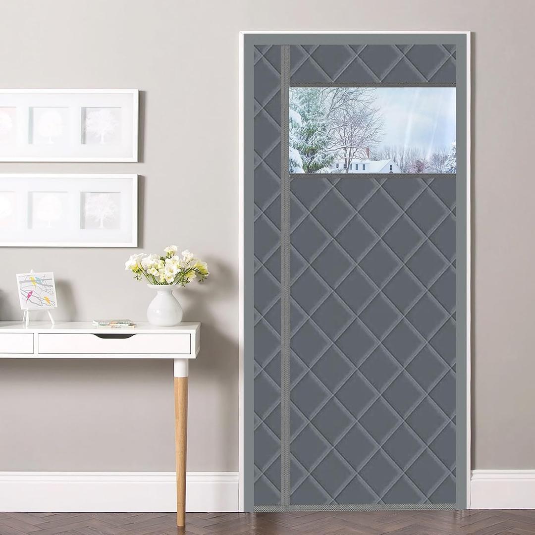 Magnetic Thermal Insulated Door Curtain, 48 x 82 Inch Winter Door Cover Curtain Size 52 x 84 Waterproof Thick Insulation Blanket with Visible Window Side Opening Gray