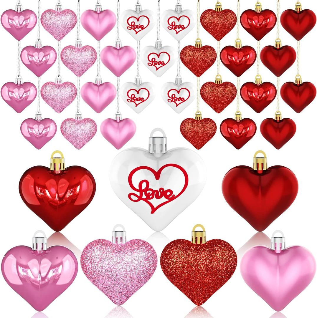 Valentine's Day Decor Heart Ornaments 36 Pcs Heart Shaped Baubles Red Pink White Hanging Decorations for Valentine's Day Christmas Wedding Anniversary