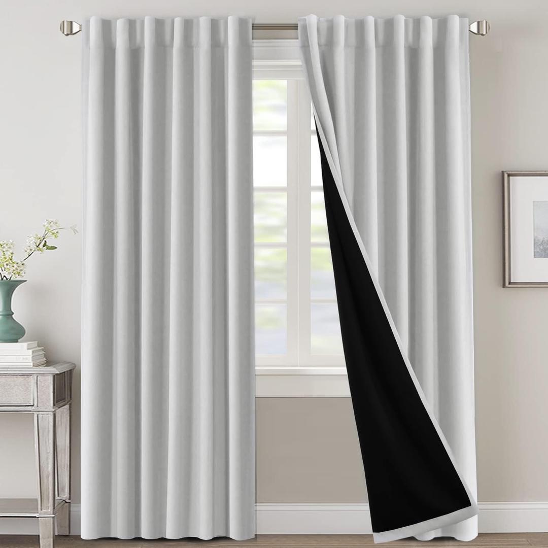 H.VERSAILTEX 100% Blackout Curtains for Bedroom with Black Liner Full Room Darkening Curtain 84 Inch Long Thermal Insulated Back Tab/Rod Pocket Window Drapes for Living Room, 2 Panels, Greyish White