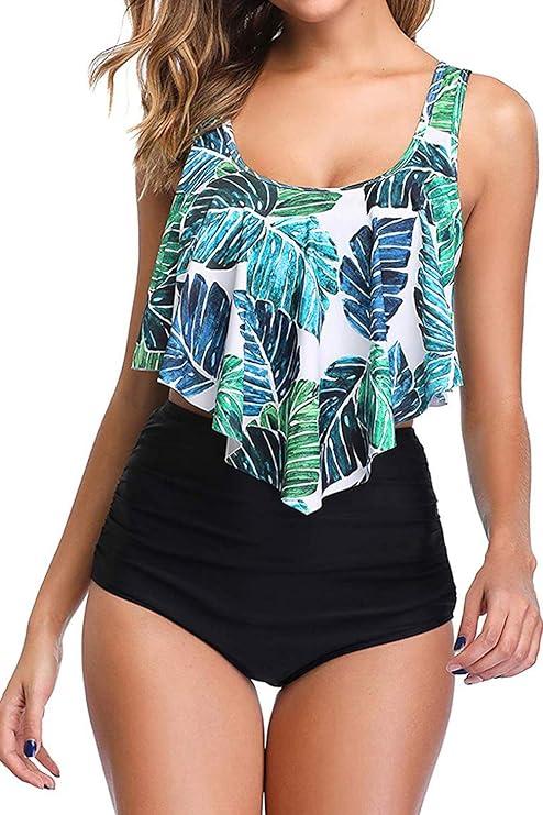 Women High Waisted Bikini Swimsuit Plus Size Flounce Top Vintage Tummy Control Bottom Two Piece Tankini Bathing Suits, Size -L