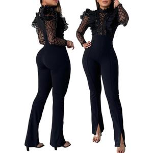 Women's Lace Sequins Jumpsuit Elegant Long Sleeve Sheer Mesh See Through Overalls Casual Jumpsuits