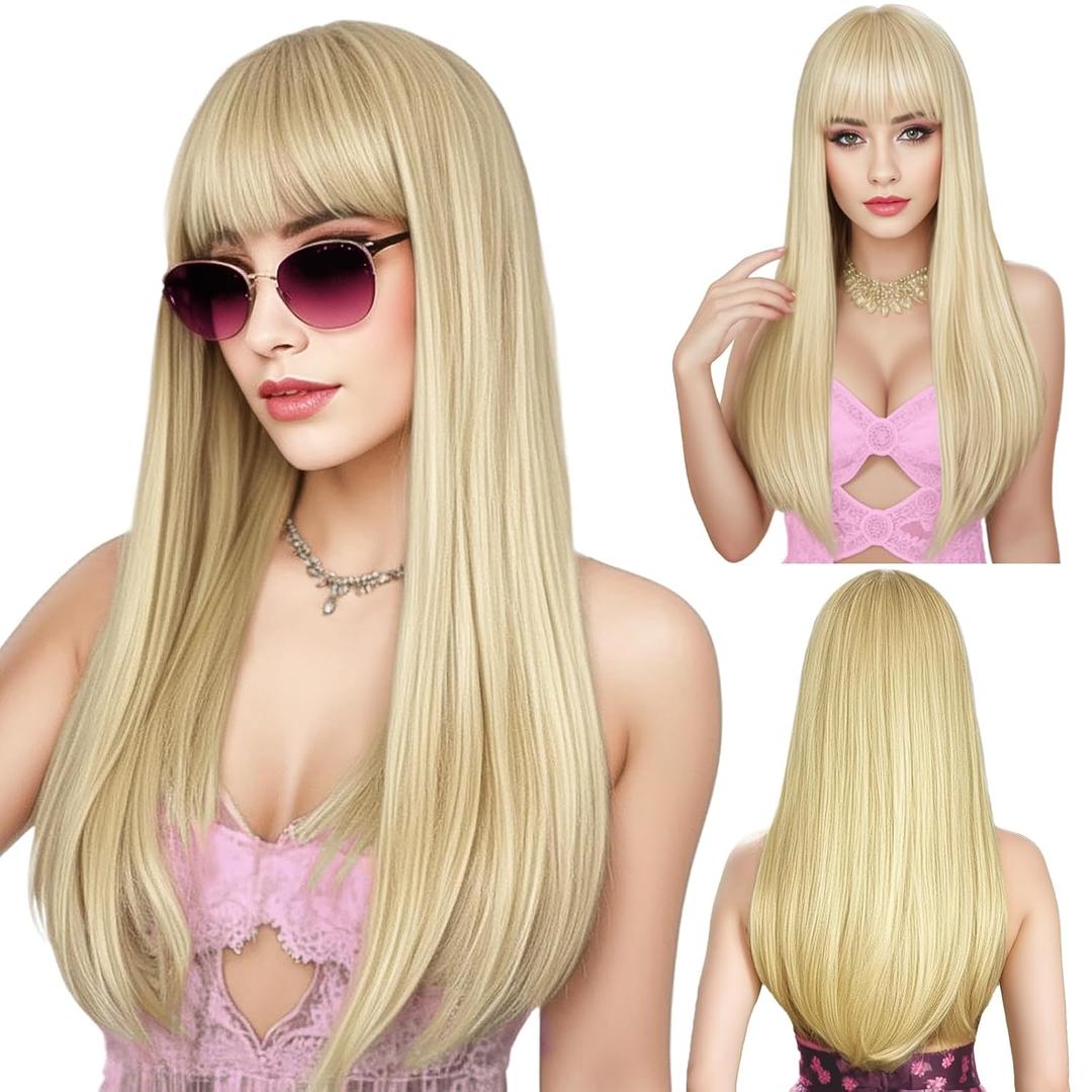 Blonde Wig with Bangs, Long Straight Wigs for Women Natural Hair Wigs Synthetic Blond Wigs for Girls Daily Party Halloween Cosplay Wig 22 Inch