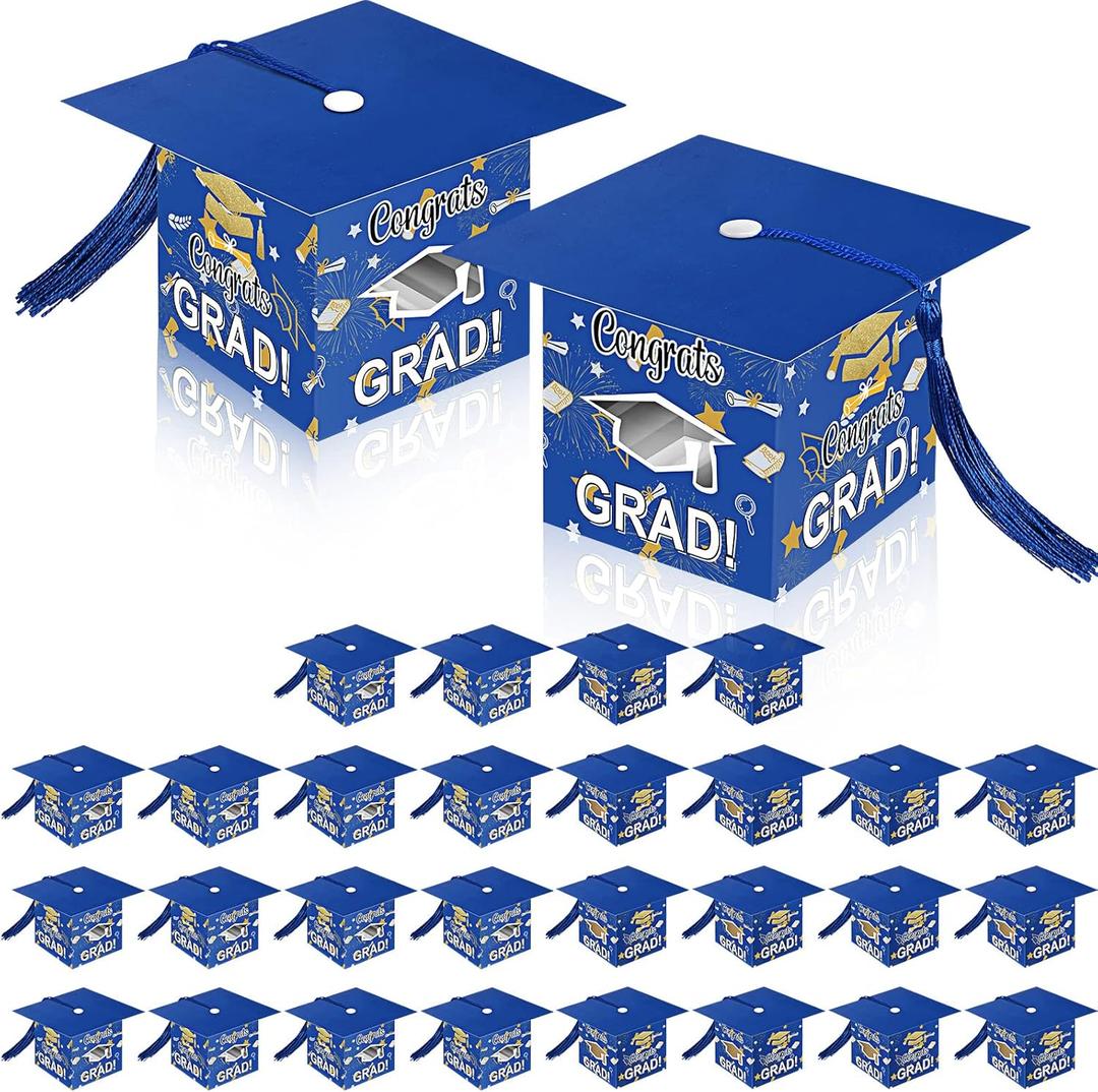 Pajean 30 Pcs Graduation Cap Candy Gift Box Grad Hat Gift Box Treat Boxes with Tassels Graduation Party Favors for Guests Class of 2025 Decorations(Blue)