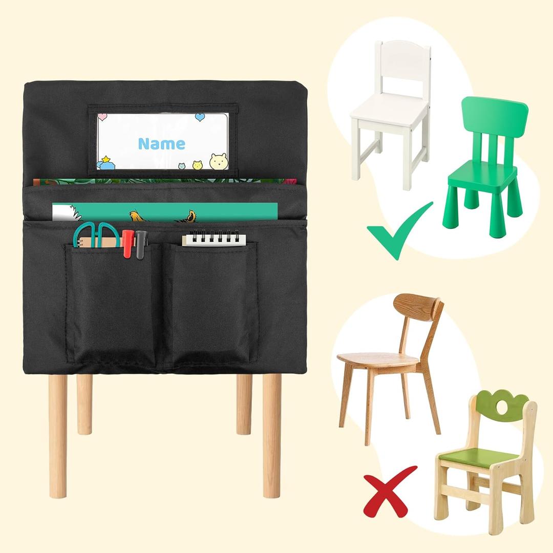 11 Pack Chair Pockets for Classrooms, 35x34 Seat Sacks for Classroom Chairs k-2 with Name Slot, Small Chair Pockets for Kindergarten, School, Home Seating Storage (Black),