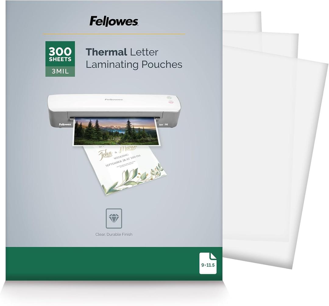 Fellowes Thermal Laminating Pouches, Letter Size Sheets, 3mil, 300 Pack, Clear (5247101)