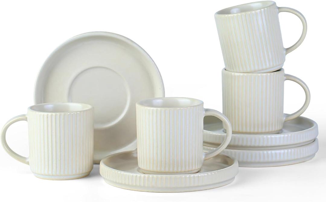 famiware Star Espresso Cups and Saucers Set of 4, [ Mini ] 3 oz Ceramic Small Coffee Mug with Handle, Ribbed Stoneware Demitasse Cup for Tea, Latte - Microwave & Dishwasher Safe - Matte White