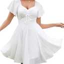 Florboom Women's Mini Dress Sweetheart Neckline Short Sleeve A-Line Smocked Flowy Bridal Shower Wedding Guest Dresses (White, XL)