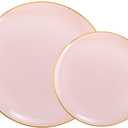 PULOTE 100PCS Pink Plastic Plates - Heavy Duty Pink and Gold Disposable for Party, Wedding, Mother's Day Include 50 Each (Dinner & Dessert) Plates