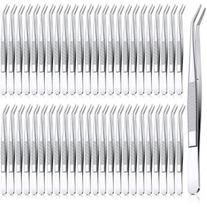 Honoson 48 Pcs Stainless Steel Tweezers for Crafting with Curved Serrated Tip Multipurpose Forceps Sewing Machine Tweezers Bulk (Silver)