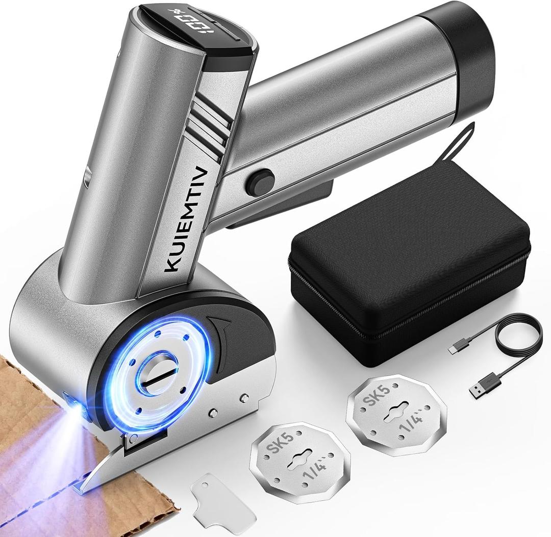 4.2V Electric Cardboard Cutter, 320RPM Cutting Speed Ergonomic Electric Scissors with 3 Blades & Storage Bag, LED Display Electric Box Cutter for Cardboard, Carpet, Rope, and Blister Package