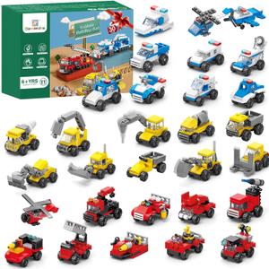 Sawaruita 30Pack Mini Cars Easter Building Blocks Party Favors for Kids-Bulk Fire Truck,City Police Car,Construction Vehicle for Birthday Goodies Bag Filling,Classroom Prizes for Boys 6-12