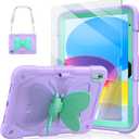 Ambison Case for iPad (A16) 11th/10th Generation 2025/2022 11''/10.9'' for Kids Girls, with 9H Tempered Glass Screen Protector, Shockproof Protective with Butterfly Stand, Carrying Strap-Purple