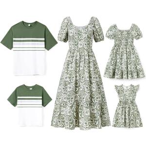 PATPAT Family Matching Summer Outfits, Mommy and Me Matching Shirts Dresses Paisley Print Matching Dresses for Family (3-6 Months, Green Paisley Floral)