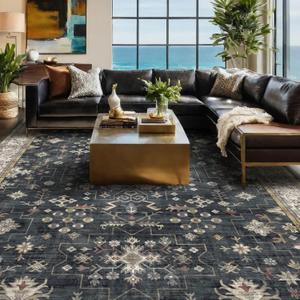 Black Farmhouse Washable 7x10 Area Rugs for Living Room, Bedroom, Dining Room Table, Dark Charcoal Stain Resistant Non-Slip Large Washable (Ashen / Multi)