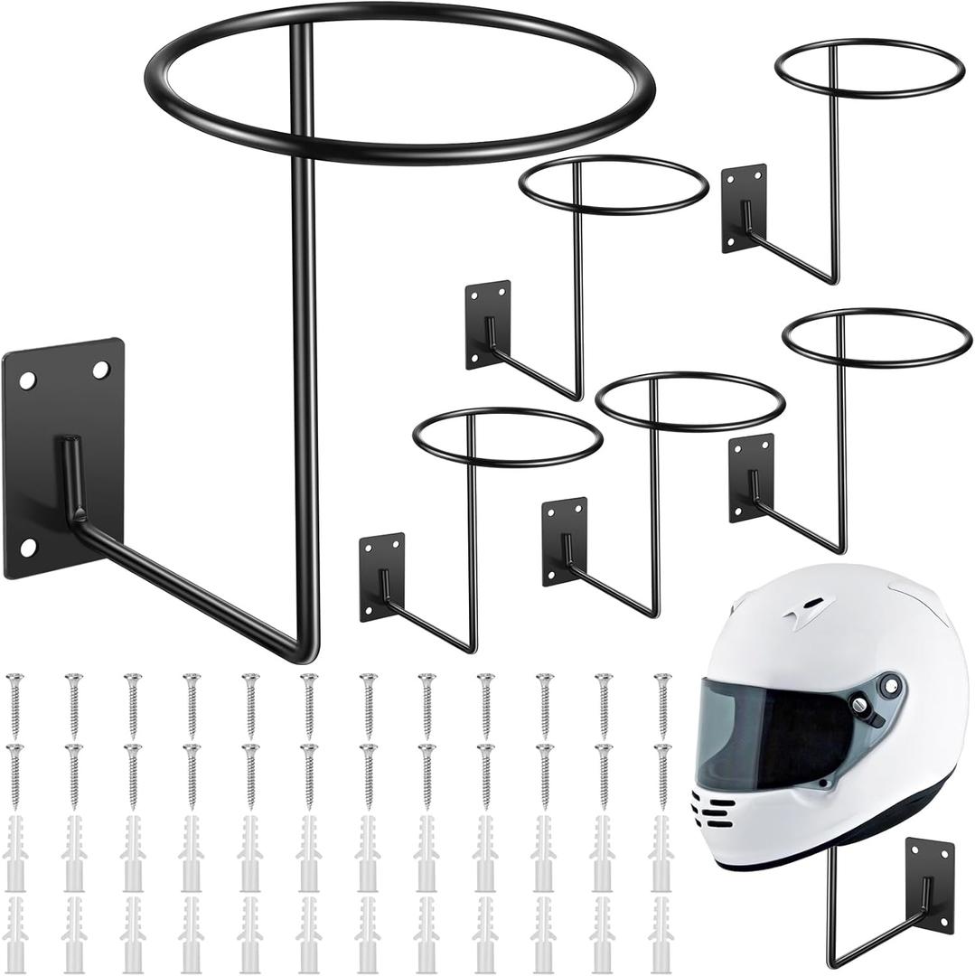 Potchen 6 Pack Helmet Hanger Wall Mount Motorcycle Helmet Rack Metal Ball Holder for Basketball Volleyball Football Multifunctional Display Hook Stand for Cap Hat Wig Riding Jacket Coat