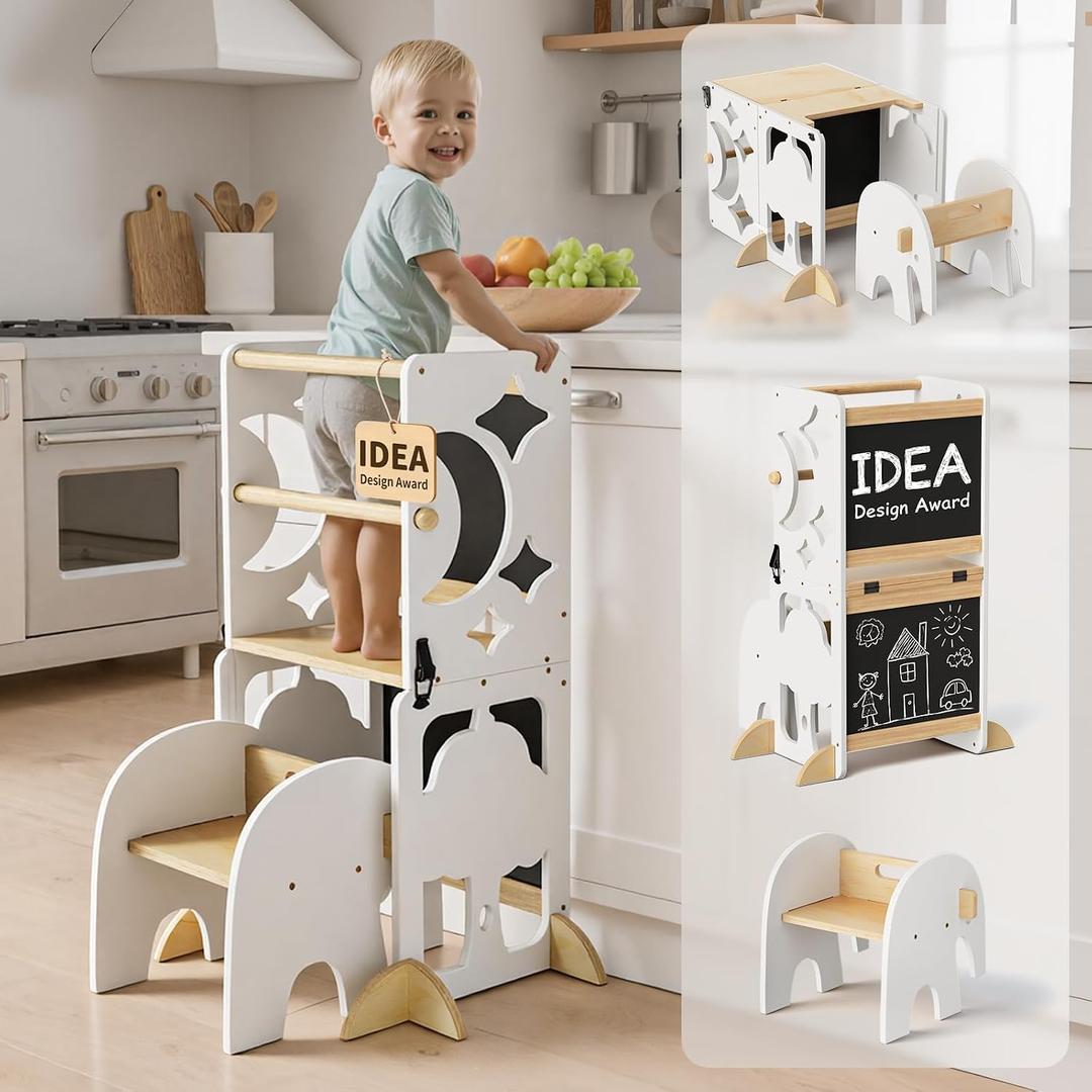 COSYLAND Toddler Standing Tower 4-in-1 Toddler Kitchen Stool Helper | Safety Rail, Foldable Standing Tower with Blackboard,Toddler Step Stool for Bathroom Sink, Kitchen Counter White and Natural