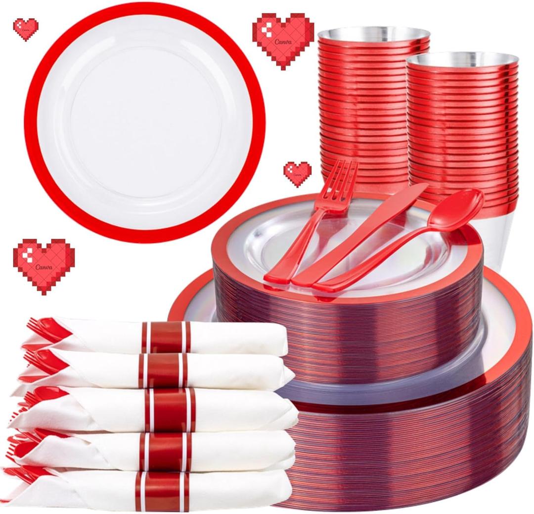 Liacere 350PCS Clear and Red Plastic New Year Plates and Napkins for 50Guests Plastic Dinnerware Set:100 Red Disposable Plates 50 Pre Rolled Napkins with Cutlery,50 Cups for Party, Christmas