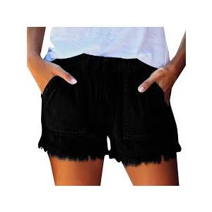 Black Elastic Waistband Denim Shorts Fringed Bottom, Large
