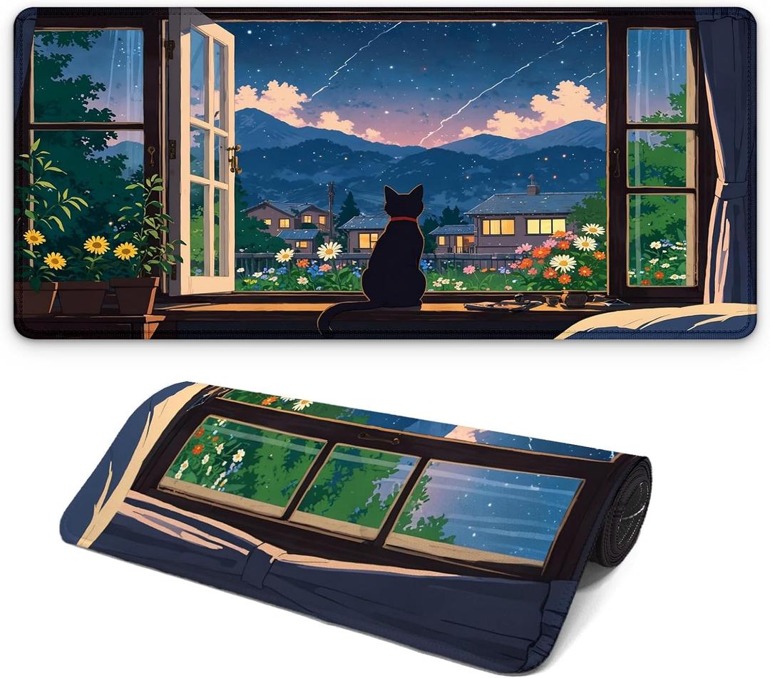 2 x Black Cat Perched on a Windowsill Gaming Mouse Pad with Non-Slip Rubber Base, Large Kawaii Anime Mousepad with Stitched Edges, Long Keyboard Mat for Laptop and Mouse, 31.5 x 11.8 inches