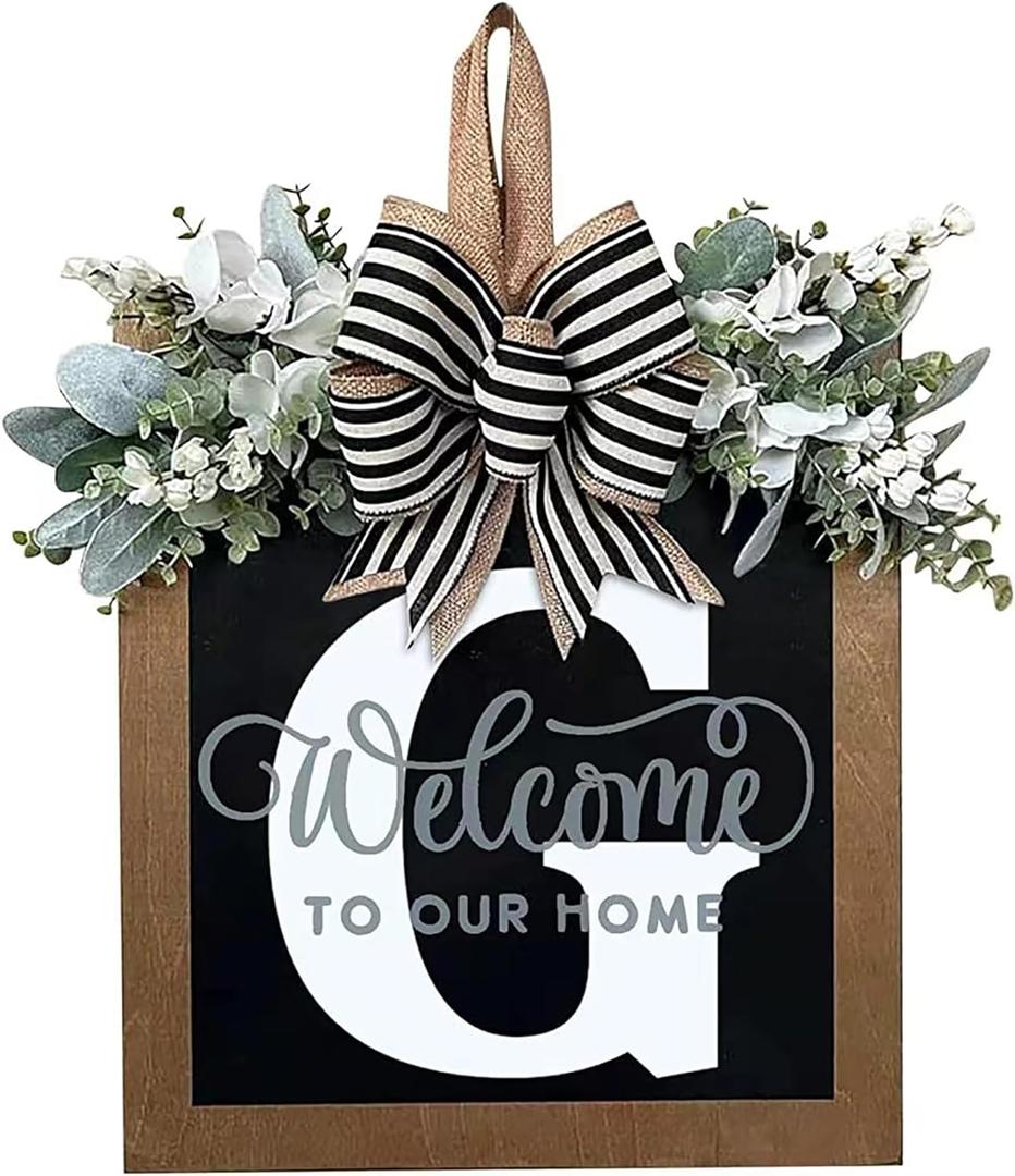 Last Name All Year Round Front Door Wreath with 26 Initial Letter Welcome Sign All Seasons Eucalyptus Garland and Bow Farmhouse, Porch, for Spring Summer Fall All Seasons Holiday Halloween Christmas.G