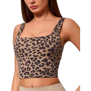Oalka Women's Square Neck Sports Bra Longline Padded Cropped Yoga Tank Workout Top Camisole, size Medium