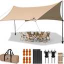 Camping Tarp with Poles & Retainer, 15x12.5FT Large Waterproof 210D Oxford Cloth Camping Canopy, Anti-UV UPF100+ Camping Awning Tent Tarp Car Awning for Outdoor, Picnic, Car, Hammock, Traveling(Khaki)