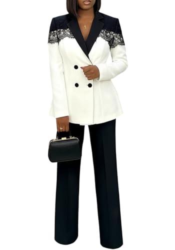 Tcremisa Womens 2 Piece Pants Suit Long Sleeve Lace Patchwork Blazer Straight Leg Pant Set Business Office Work Outfits Black XL