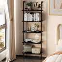 aboxoo Ladder Shelf Open 5-Tier Bookshelf Wall-Mounted Black Wood Bookcase Storage Rack Open Industrial Modern Plant Stand Utility Organizer Bookcase Metal Frame Furniture Office Bedroom, 1PC