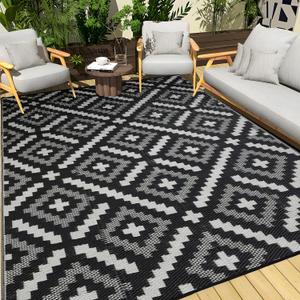 Outdoor Rug 9x12 ft Waterproof, Reversible Outdoor Plastic Straw Rug for Patios Clearance, Outdoor Area Rug Carpet RV Mat for Camping Backyard Deck Porch (Black&white-cross)