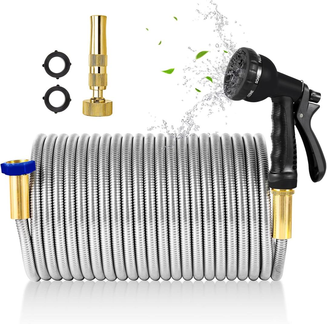 304 Stainless Steel Garden Hose with Brass Nozzle 100FT Outdoor Hose, 7 Function Spray Gun Solid Metal Fittings Water Hose Flexible Kink Free and Easy to Store