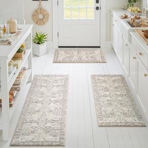 GRANNY SAYS Boho Kitchen Rug Sets of 3, Non Slip Washable Faux Wool Kitchen Mats for Floor, Thick Soft Anti-Fatigue Comfort Standing Mat Runner Rugs for Hallway Laundry Room, Beige (1'8" x 4'11" (20" x 59" + 20" x 48" + 20" x 32"))